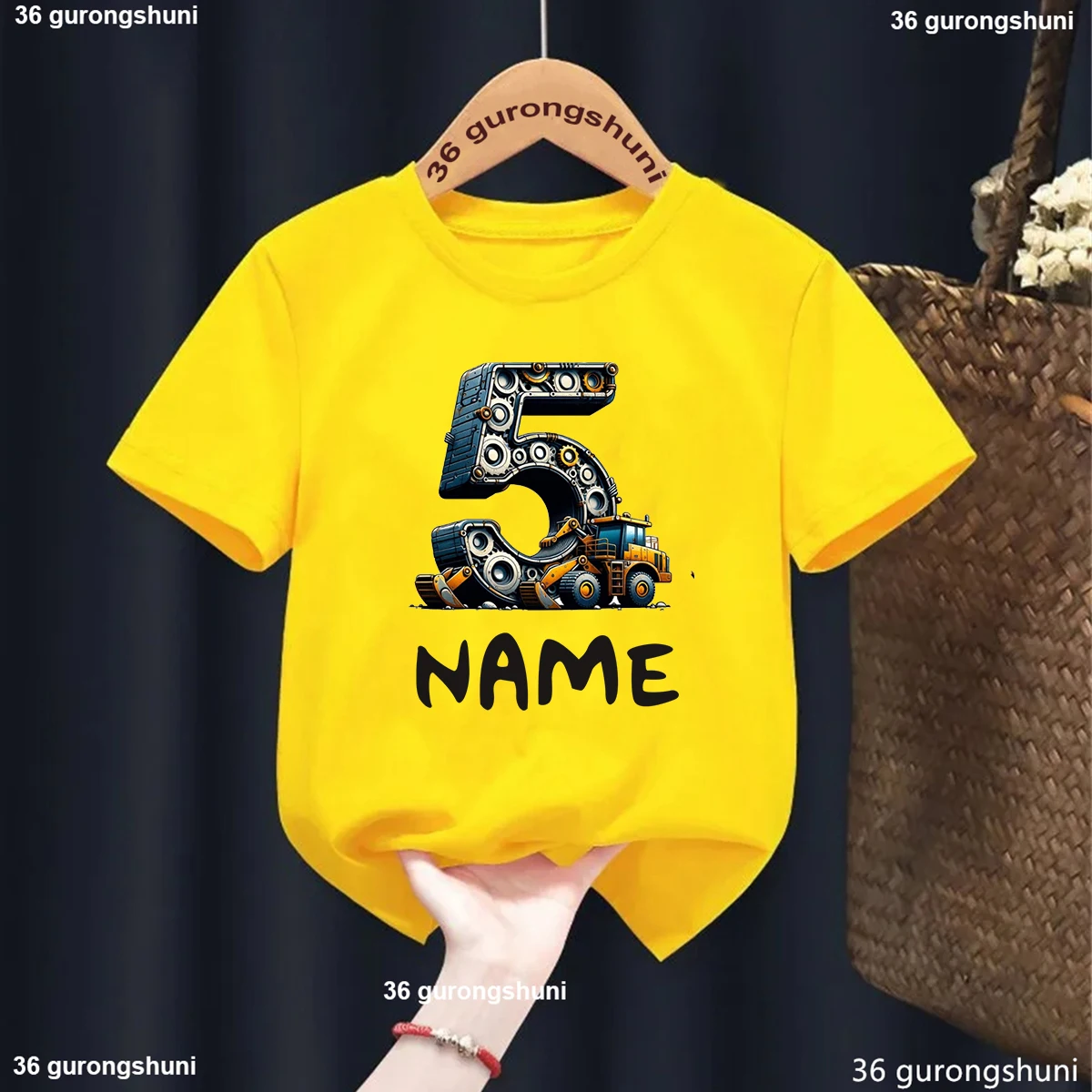 Boy Excavator 1-9 Birthday Number Printing Summer Construction Vehicles T-Shirt Kids Construction Vehicle Boy Tshirt Gift Tops