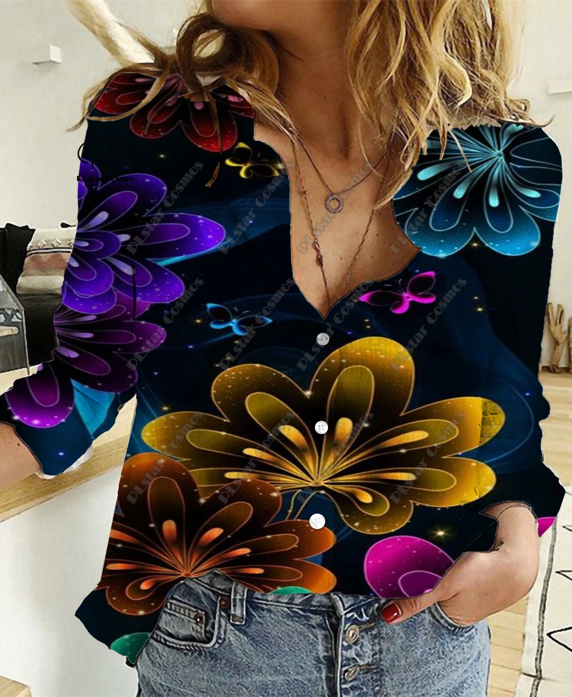 PLstar Cosmos 3D Printing Genuine Color Butterfly Flowers Rose Pattern Latest Ladies Casual Shirt Casual Unique Collection  3