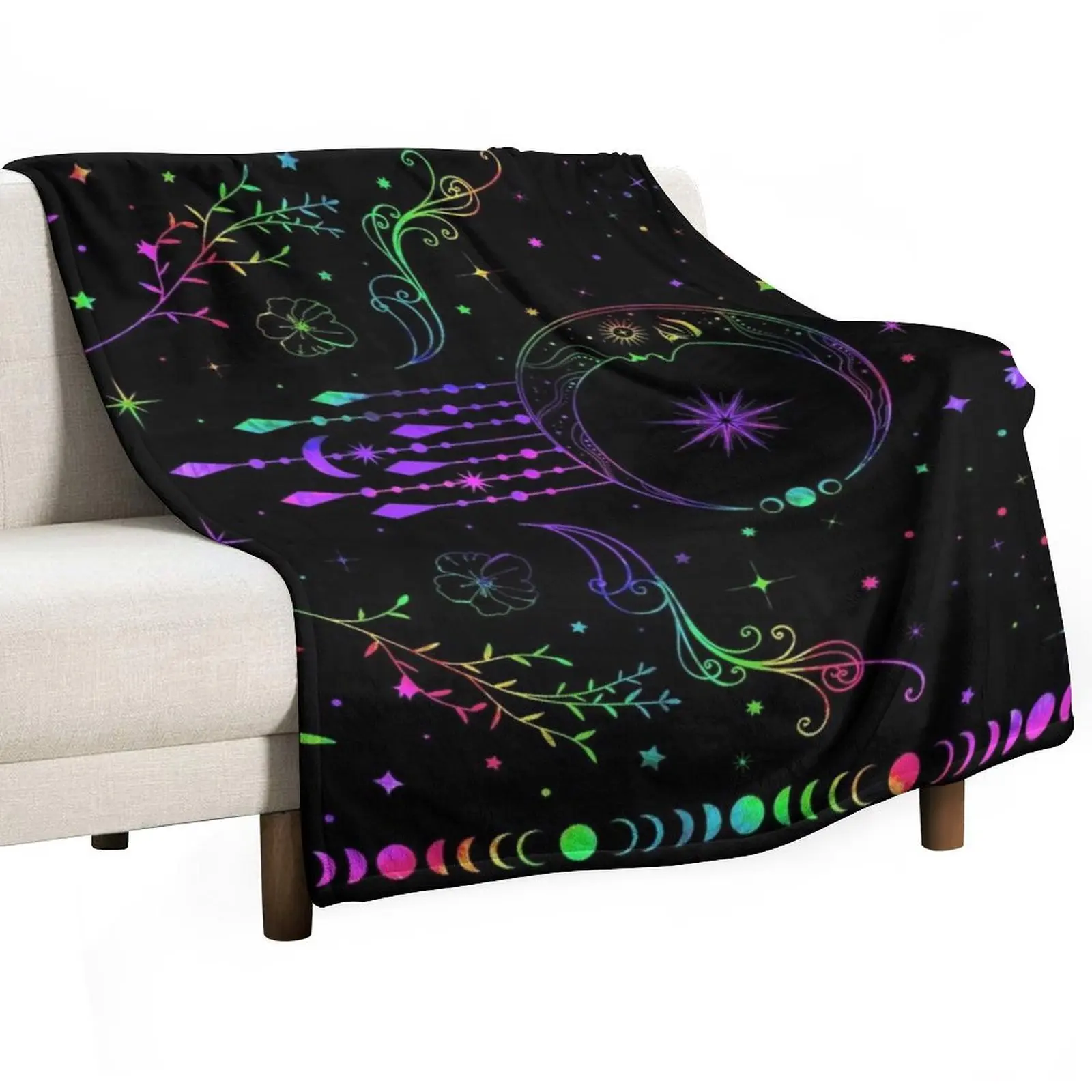 Rainbow Celestial crescent moon with floral accents and moon phase tie dye Throw Blanket Warm Vintage Cute Plaid Blankets