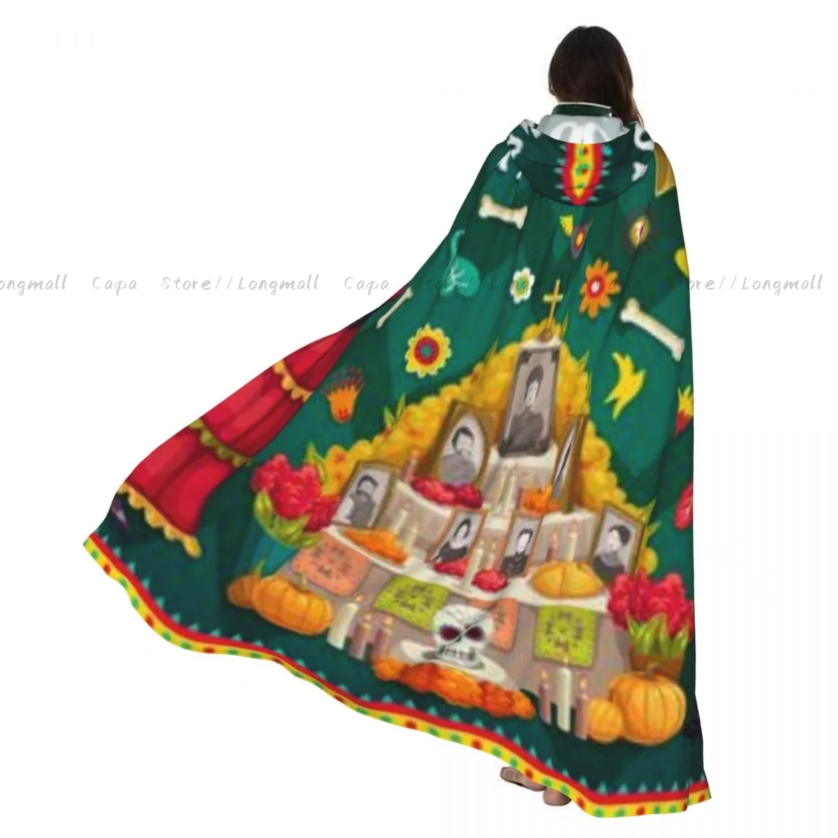 Adult Vampire Cape Hooded Robe Mexican Sugar Skull Flower Fiesta Marigold Carnival Dress-up Party Cloak Full Length Cosplay