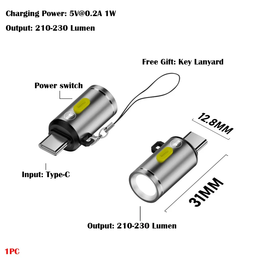 

230 High Lumens Type-C Mini Flashlight Portable Plug and Play LED Flashlight with Lanyard Aluminum Alloy Keychain Flashlights