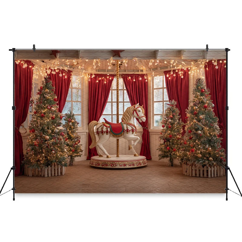 Mocsicka クリスマス写真背景新年パーティーホームツリー馬赤いカーテン装飾写真背景スタジオ壁紙