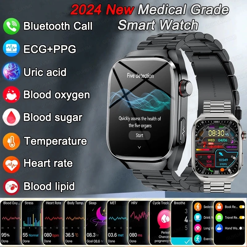 2026 New Physical Examination Lipids Uric Acid ECG Heart Rate Health Smart Watch Men HD AMOLED Full Touch Screen Bluetooth Call