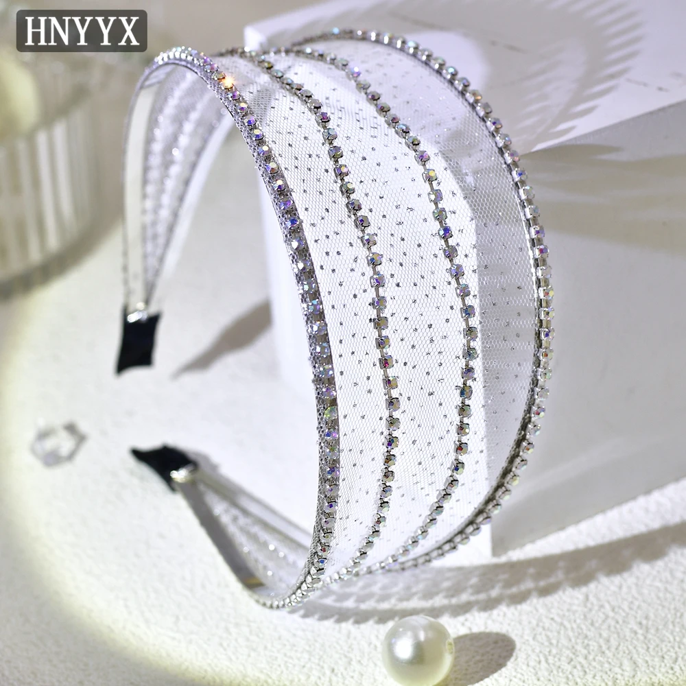 HNYYX Rhinestone Wide Mesh Headband Popular Crystal Headwear Women Daily Hair Accessories Girls Head Piece Gift A02-C