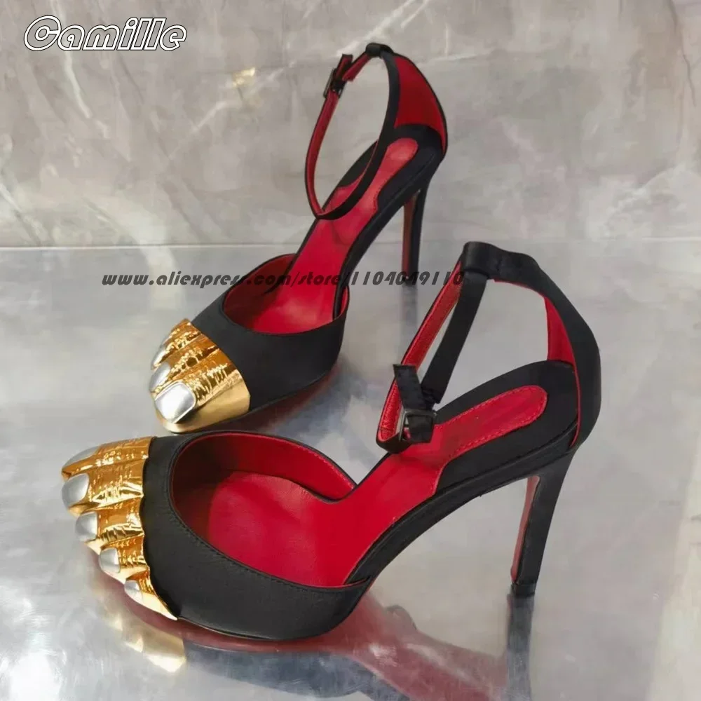 Genuine Leather Metal Toe Belt Buckle Strap Sandals Open Toe Sexy Lady Five Finger Shoe Size 36-43 Shallow Luxury Party Shoes