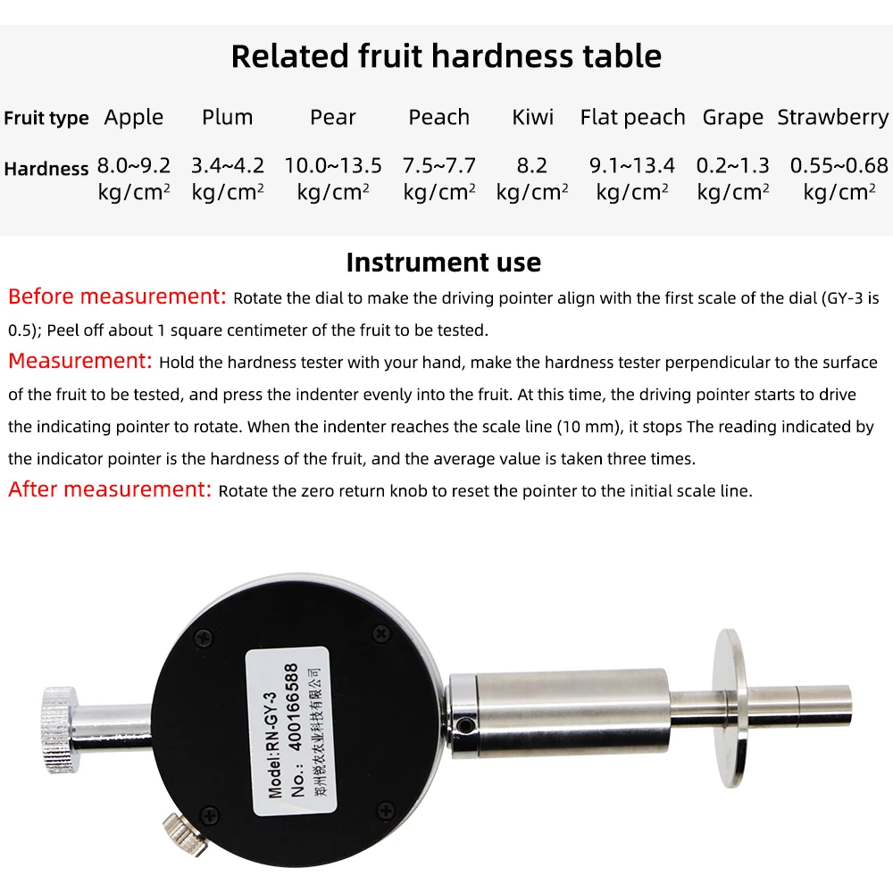 Portable Pointer Fruit Hardness Tester  Fruit Penetrometer for Apples Pears Grapes Oranges Fruit Sclerometer GY-3 GY-2 GY-1