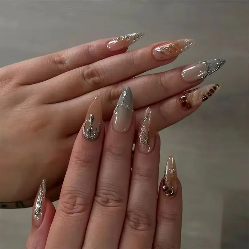 

24PCS Metallic Silver 3D Patterns French Press on Nails Full Cover Red Blush Texture Nude Almond Sweet Cool Fake Nails Wearable