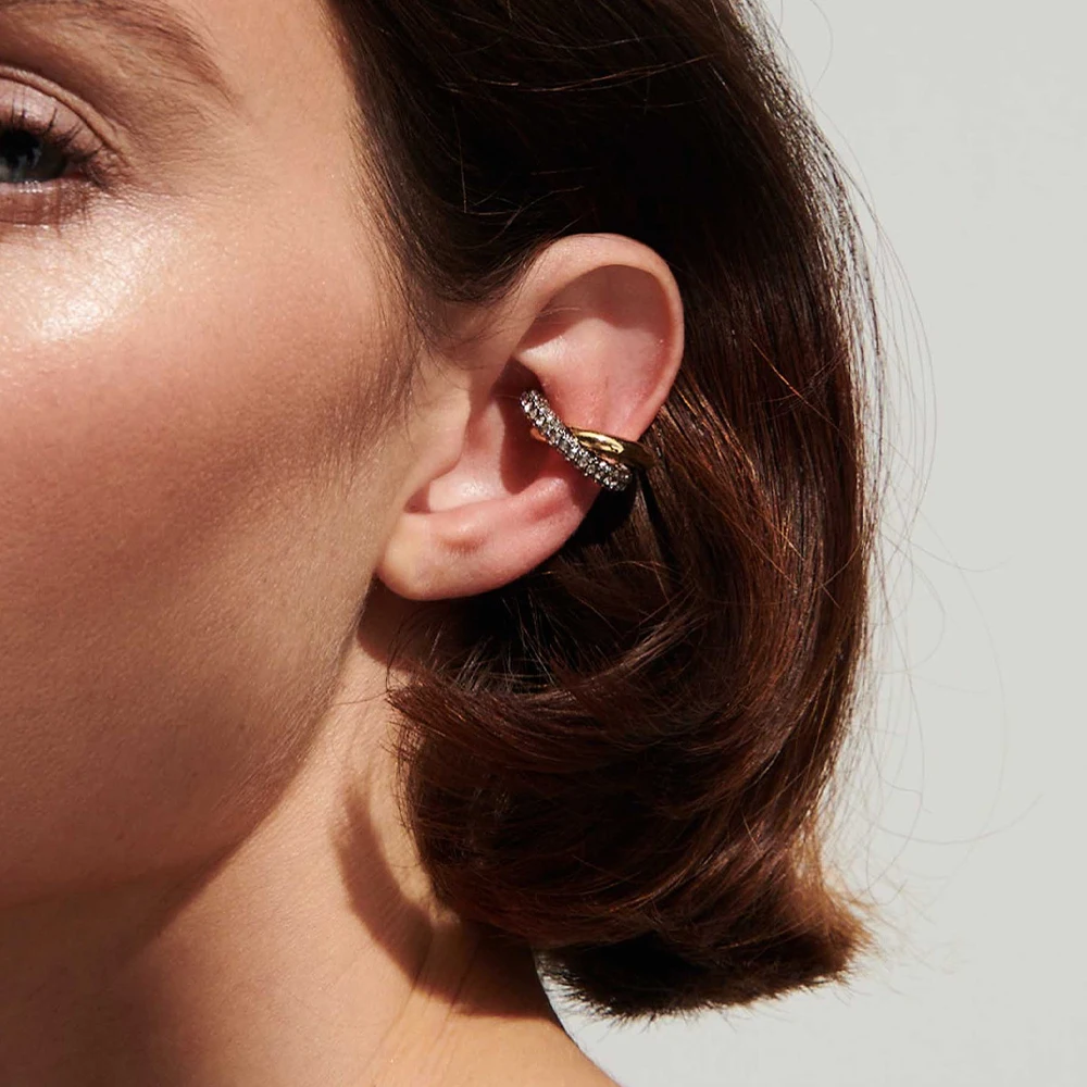 Luxury Shiny Cubic Zirconia Double C-shape Cuff Earrings for Women 18K Gold Color No Piercing Ear Clips Trendy Jewelry Gifts - Detail 1