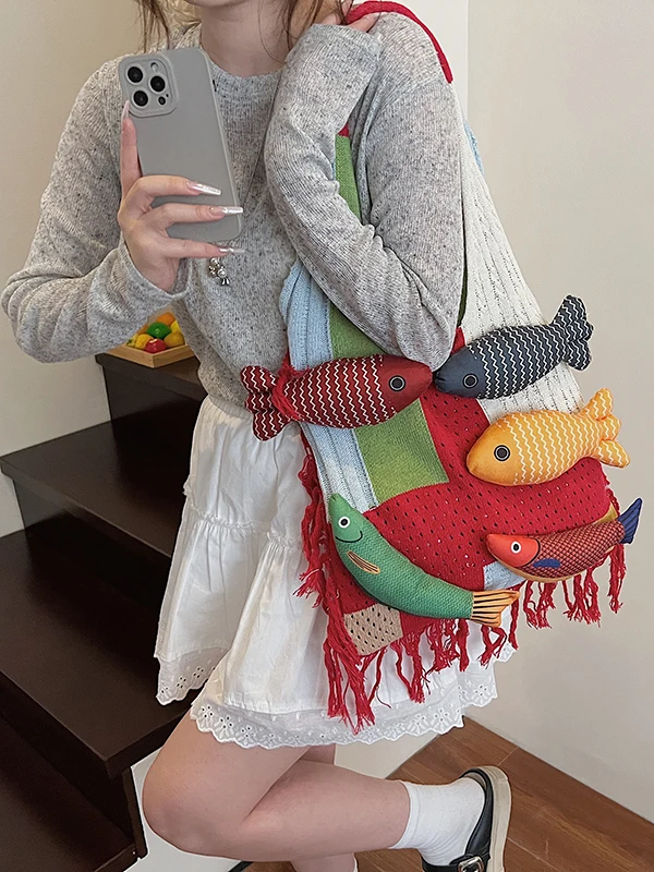 

Unique Knitted Wool Bag Women's Tote oulder Bag Woven Design Holiday Casual Handbag Faionable Open Top Plain Color