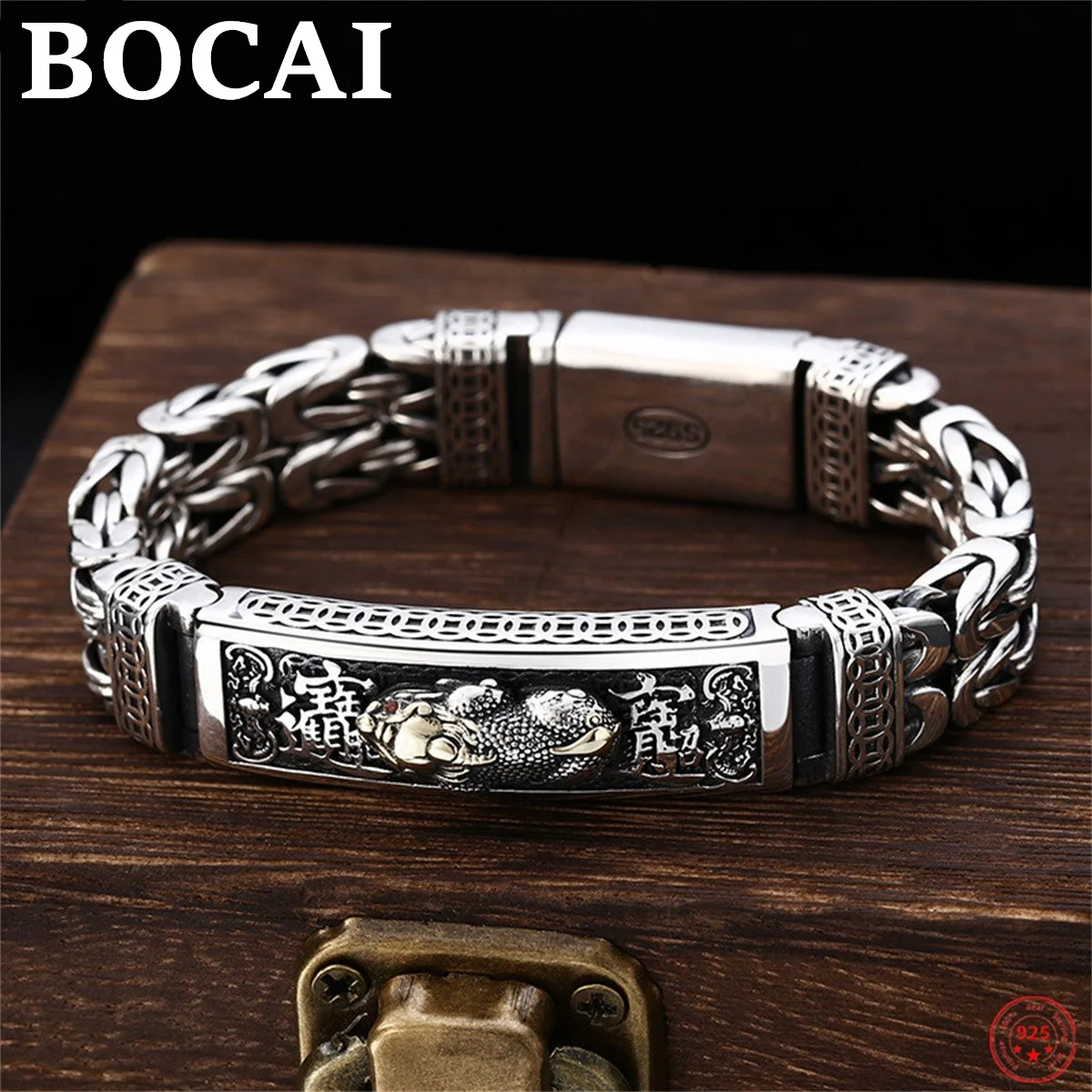 BOCAI S925 Sterling Silver Charm Bracelet for Men Ancient Coin Totem God of Wealth PiXiu Twist-chain Amulet Bangle Free Shipping