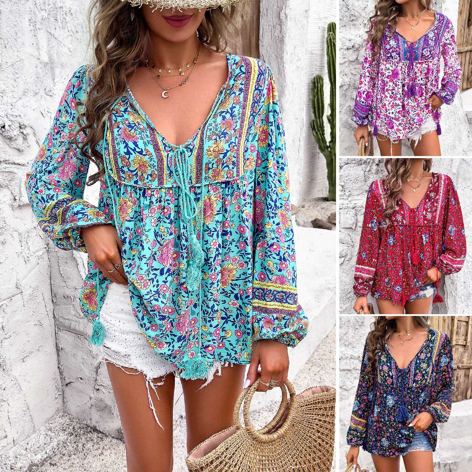 Boho Cotton Rayon Floral Printed Blouses Shirts For Women Vintage Long Sleeve V Neck Spring Summer Blouse Beach Holiday Tops