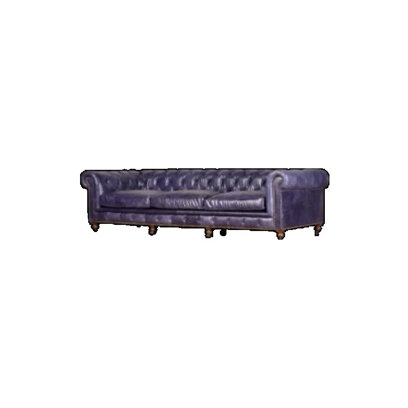 Medieval retro oil wax leather old sofa American pull buckle three-person sofa living room