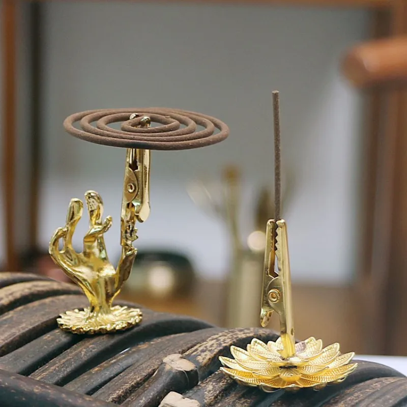 Mini Brass Incense Burner Sticks Holder Plate Ash Catcher Buddha Hand Lotus Coil Censer Ornaments Teahouse Office Home Decor