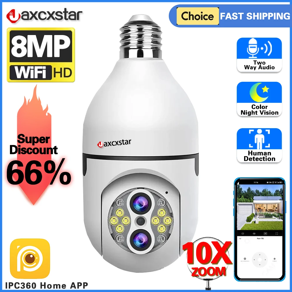 8MP 4K E27 lampadina telecamera WiFi Baby Monitor 10X Zoom monitoraggio automatico videosorveglianza per interni sicurezza domestica Cam proiettore Carecam