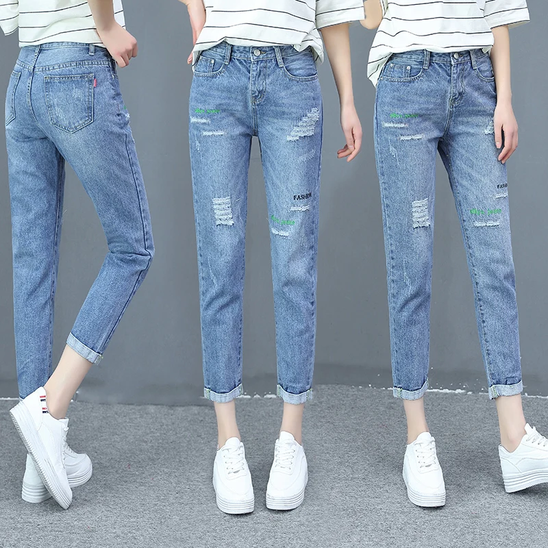 

Женские джинсы с высокой талией, прямые, свободные, укороченные, с разрезами, модные, больших размеров, осенние, из денима