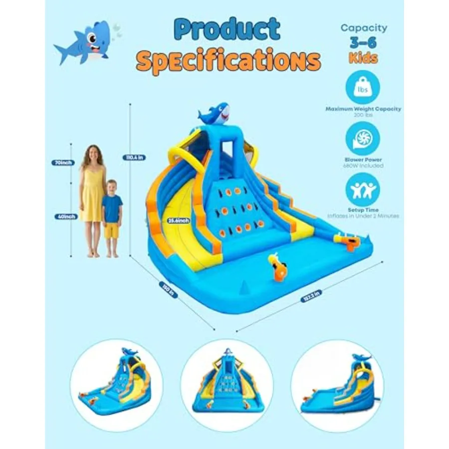 Backyard kids inflatable bounce house water park: PVC, blue/red, 13ft double lane slide with splash pool, climbing wall, water view 2