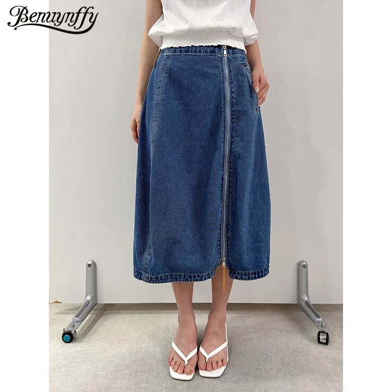 

Benuynffy Double Zipper Bud Denim Skirt Women 2026 Summer New Korean Vintage High Waist Loose Pocket A-line Female Long Skirts