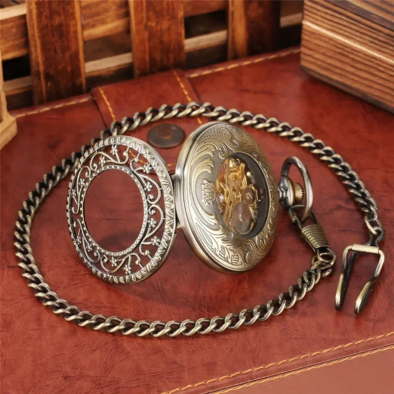 Vintage Style Hollow Out Flower Case Men Women Handwinding Mechanical Pocket Watch Roman Number Clock with Fob Pendant Chain