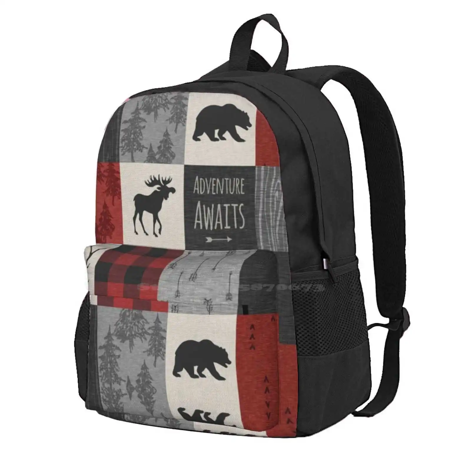 Adventure Patchwork - Red And Black Hot Sale Schoolbag Backpack Fashion Bags Adventure Awaits Woodland Patchwork Moose Elk Deer