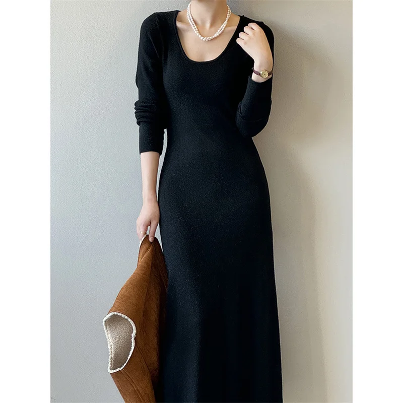

Solid Color U-Neck Sweater Dress Women's Autumn New Pullover Style Bottom Skirt High Waist Long Dress C34