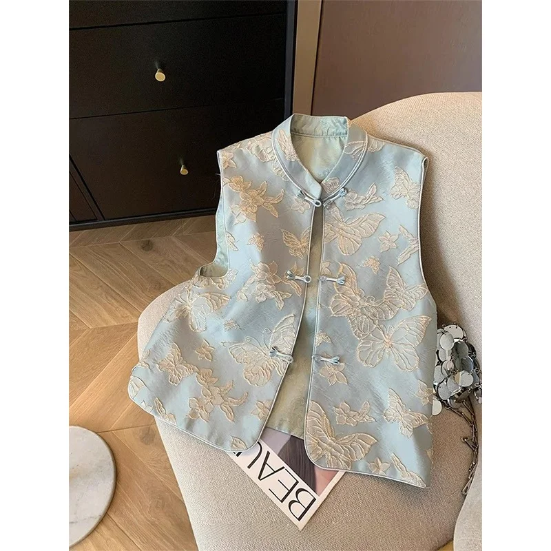 

Blue Embroidery New Chinese Sle Women's Vest Svel Spring Season High-End Feeling Button Closure Trendy