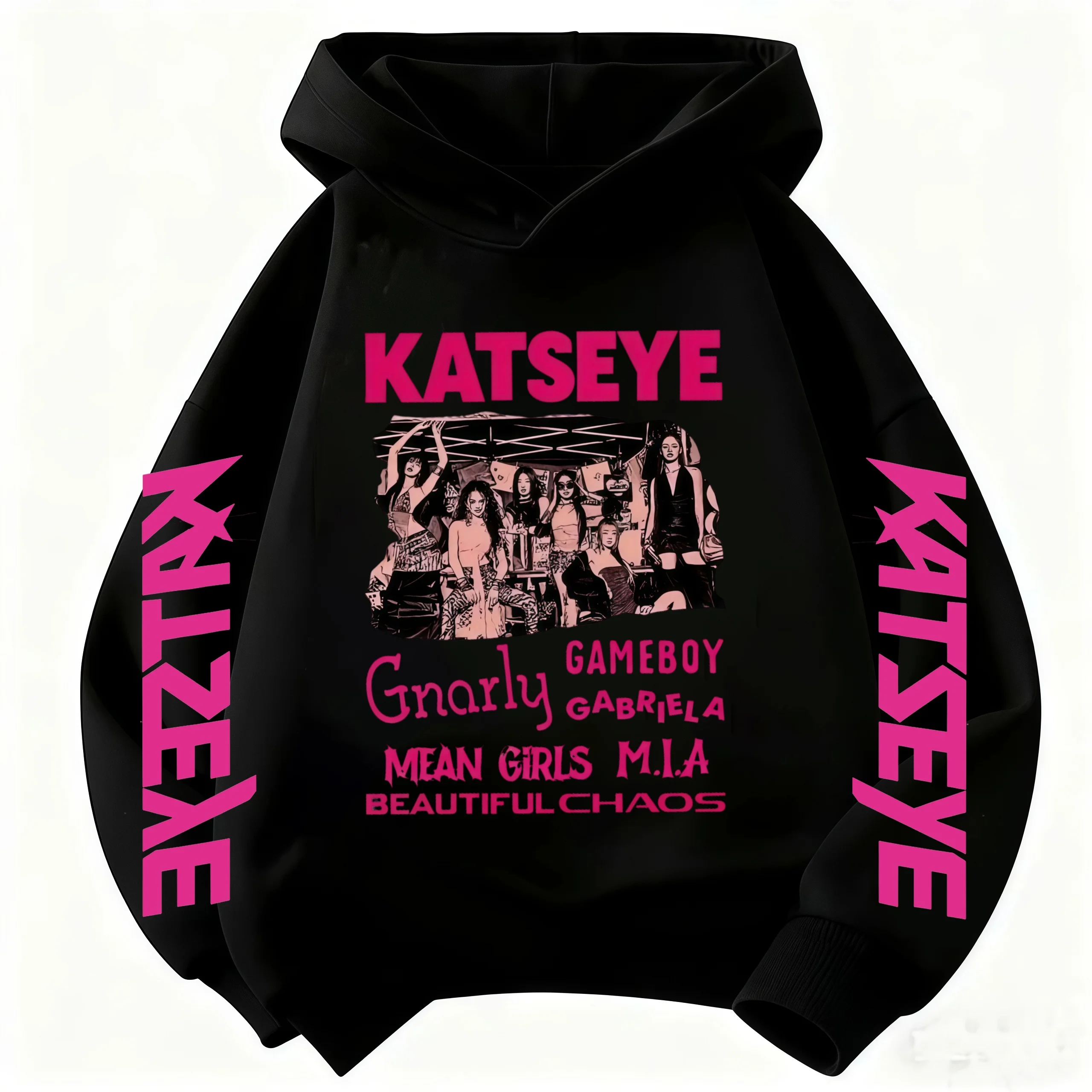 NEW Girls Hoodie Katseye Kpop Group Photo Graphic Print Kids Long Sleeve Sweatshirt Pocket Loose Casual Children Light Blue Top