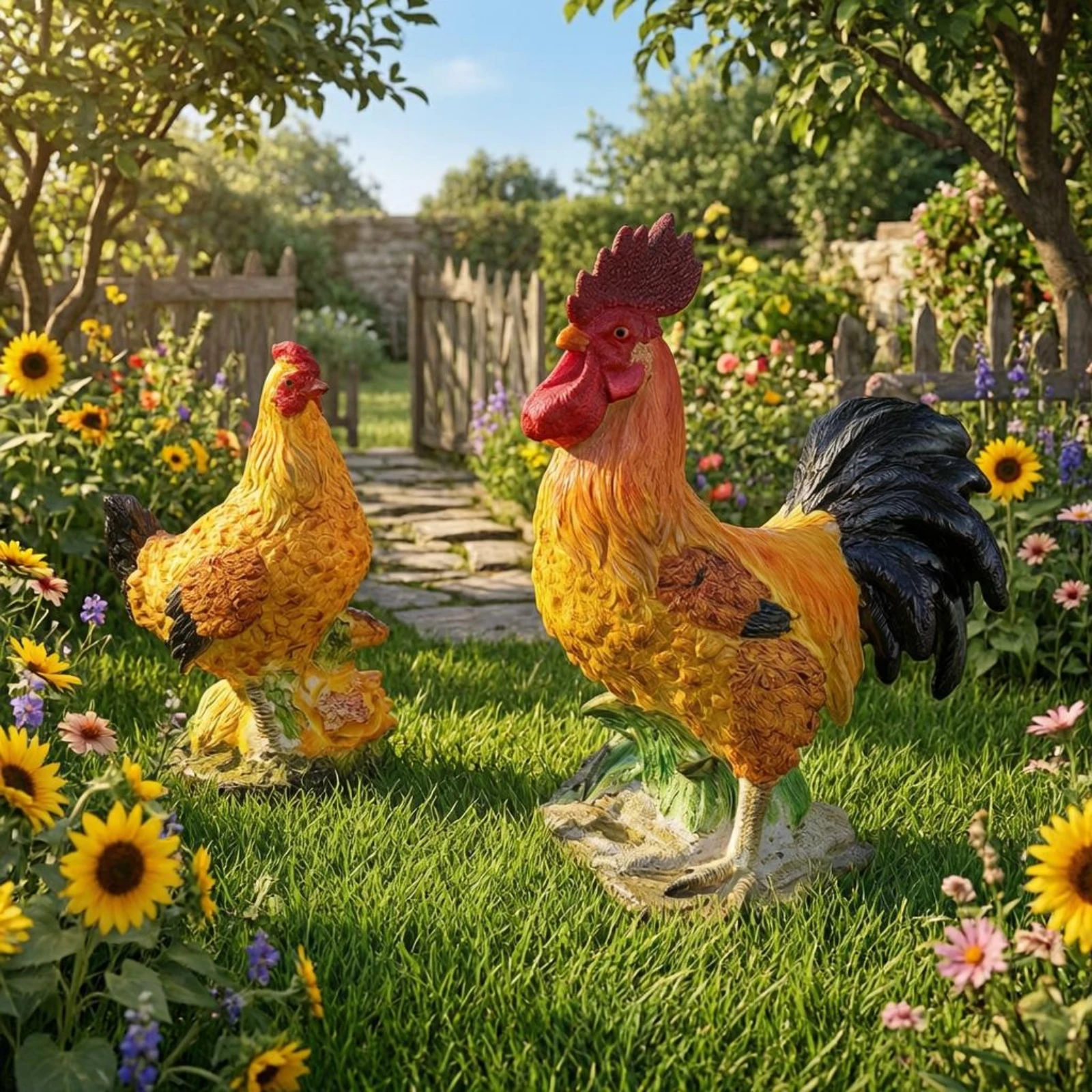 Cockerel and Hen Statue Textured Base Solar Chicken Statue Chicken Garden Sculpture Rustic Charm Cockerel Solar Light Waterproof - view 5