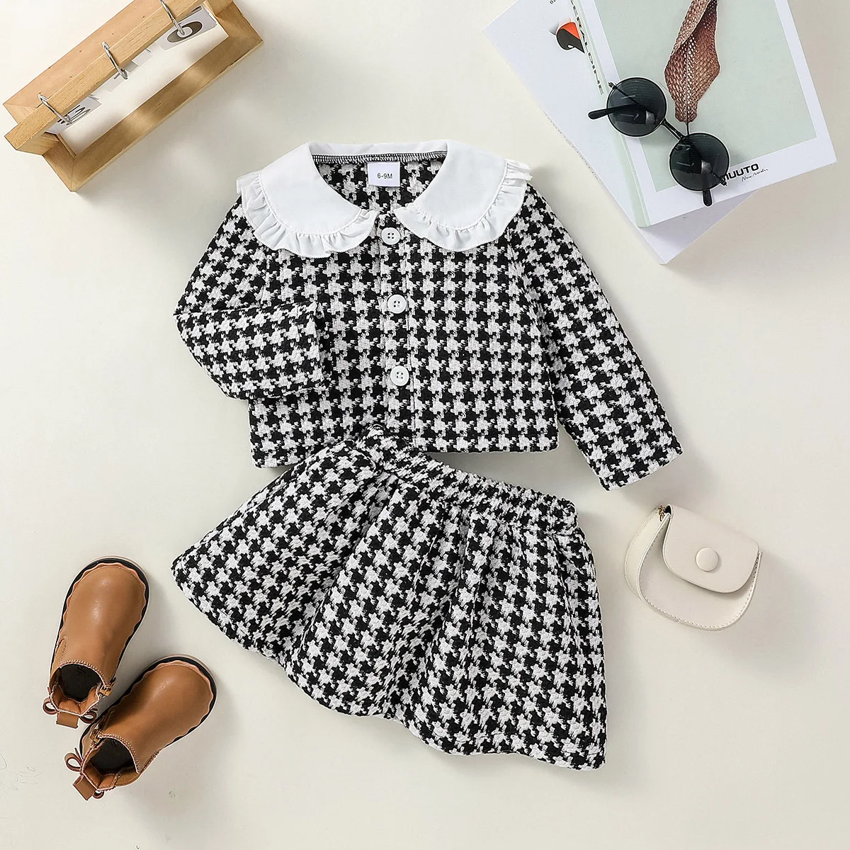 2Pcs Baby Preppy Style Honey Girls Autumn /Winter Turn-down Collar Plaid Coat and Skirt Set For Vacation Outdoor Wear Clothing