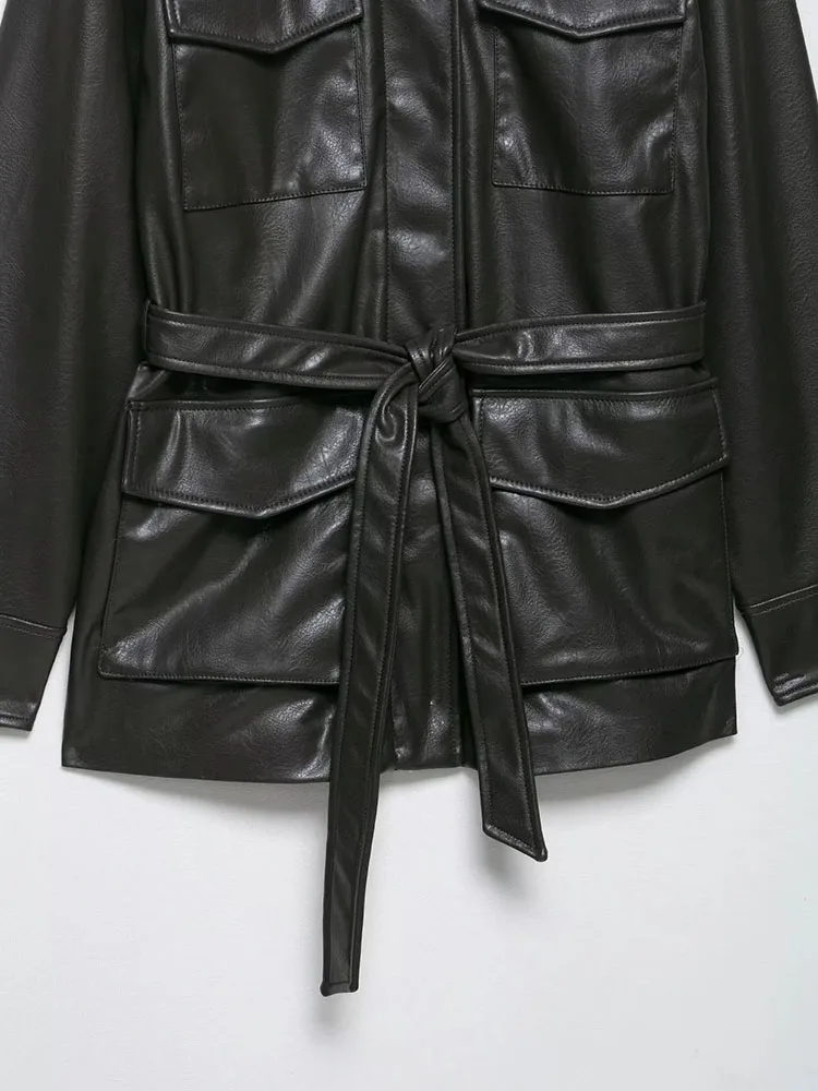 Women 2025 Autumn Winter Mid-length Loose Vintage Black Pocket Faux Leather Coat With Belt Casual Jacket Femme