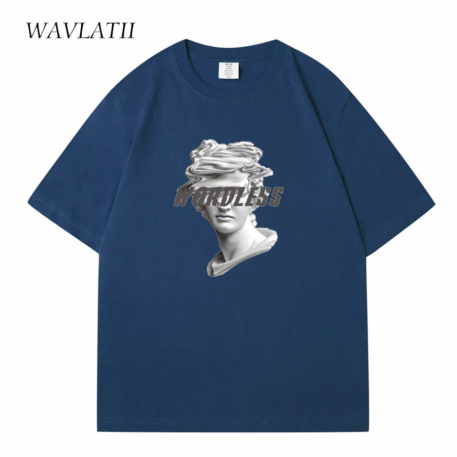 WAVLATII New 2023 Unisex Cool Printed Summer T shirts Women Khaki Casual Cotton Tees Men Grey Sporty  Short Sleeve Tops WT2319