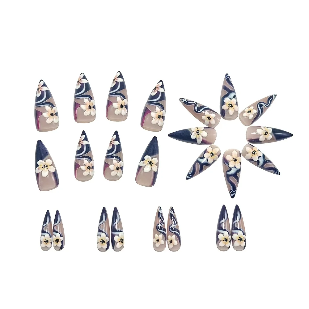 

Purple Marble Swirl Press On Nails, Long Stiletto Fake Nails with 3D White Flowers, Reusable Elegant False Nails for Daily & Events