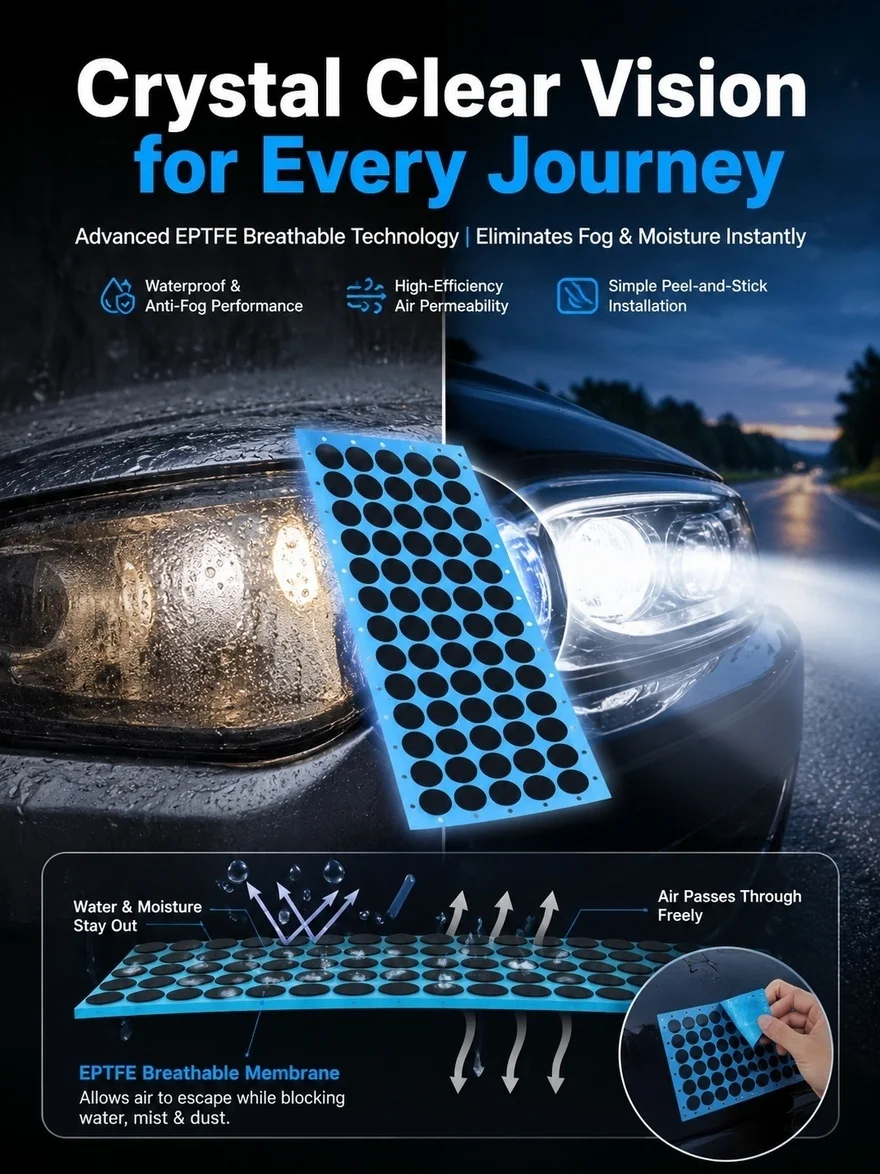 1Sheet Automotive Light Anti-Fog Breathable Eptfe Membrane for Car Headlights Tail Lights Fog Prevention Waterproof Ventilation