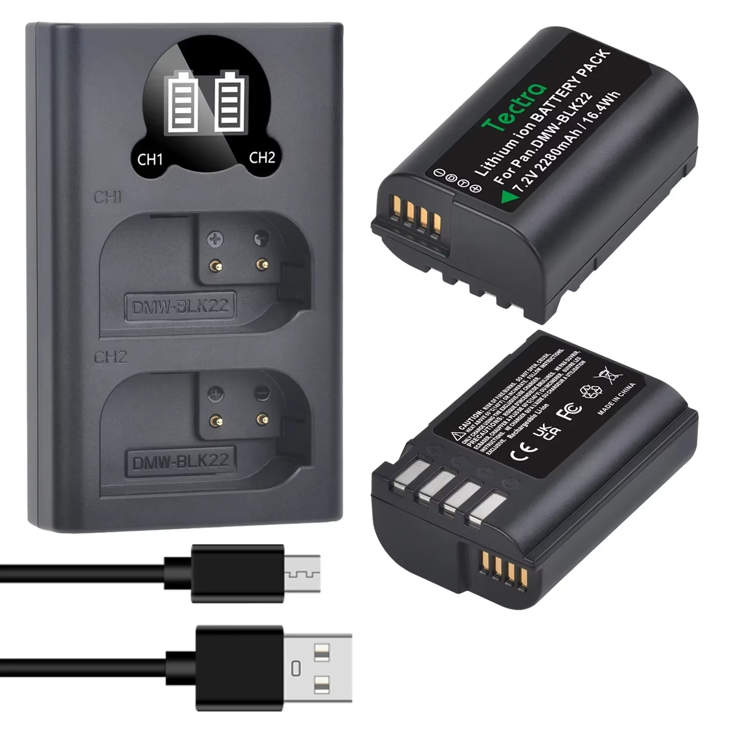 Литий-ионная аккумуляторная батарея DMW-BLK22 емкостью 2280 мАч/двойное зарядное устройство для Panasonic Lumix DC-S5II, DC-S5IIX, DC-S5KK, GH5 II, GH6, S5M2, S5M2X