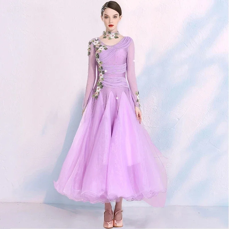 Waltz Ballroom Competition Dress Standard Dance Performance Stage Costume Big Swing Rhinestones Embroidery Women Evening Gowns