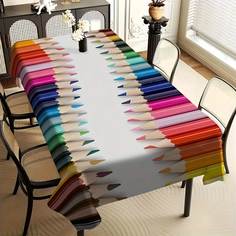 One tablecloth, a colorful tablecloth with pencil patterns in various colors, square-shaped tablecloth