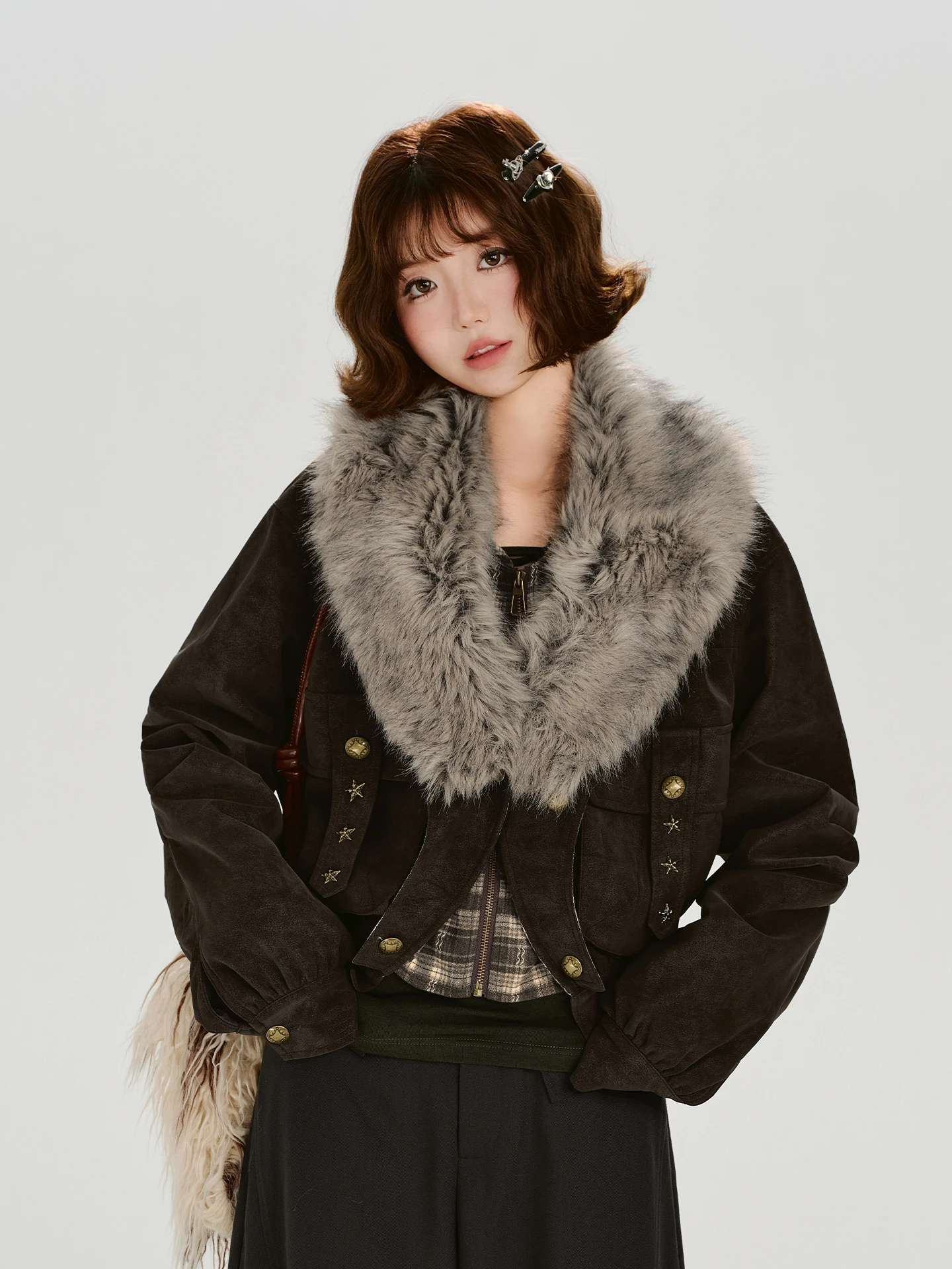 

Girly American Retro Fur Collar Design ort Jaet Women's Winter Loose Top Casual Sle High Collar Zipper Closure