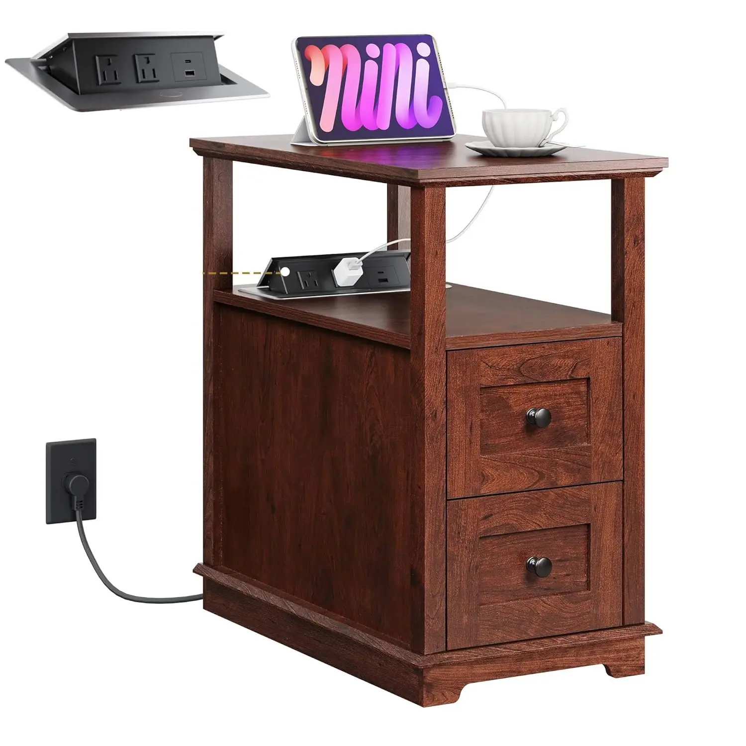 

End Table With Charging Station, Narrow Side Table For Living Room, Farmhouse Nightstand With Storage, Small Wooden, Customized