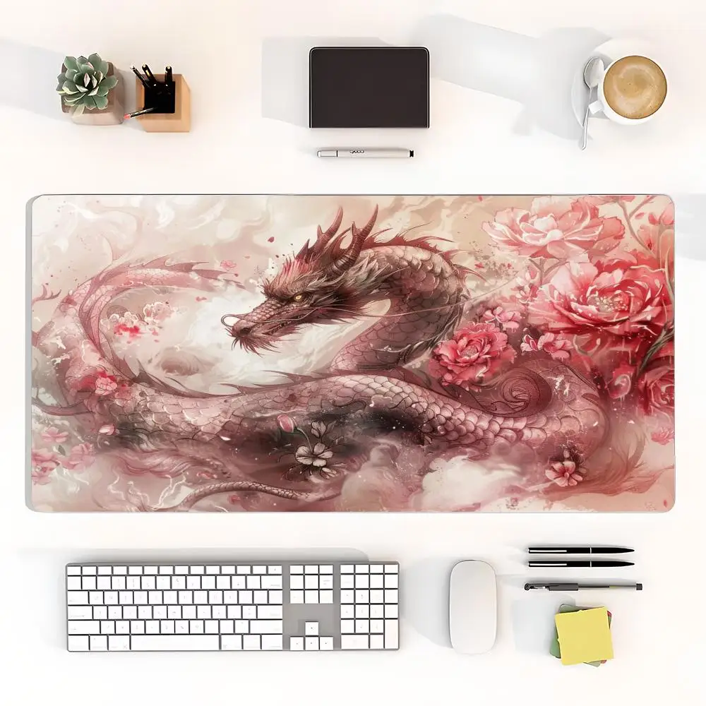 Dark Cherry Blossom Dragon Atmospheric Desk Mat Cool Chinese Style Non-Slip Stitched Edge Mouse Pad for Office Gaming