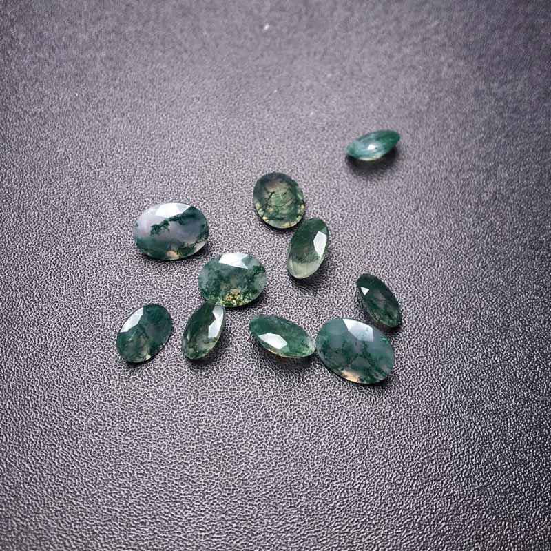 VANTJ Natural Moss Agate Loose Gemstone Indian Agate Oval Cut 4pcs for Silver Gold Mounting DIY Jewelry