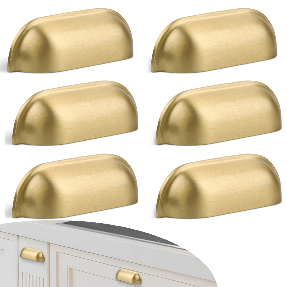 6 Stück gebürstete goldene Küchenschrankgriffe, Tassengriffe für Schrank und Schranktür, Möbelgriffe aus Messing