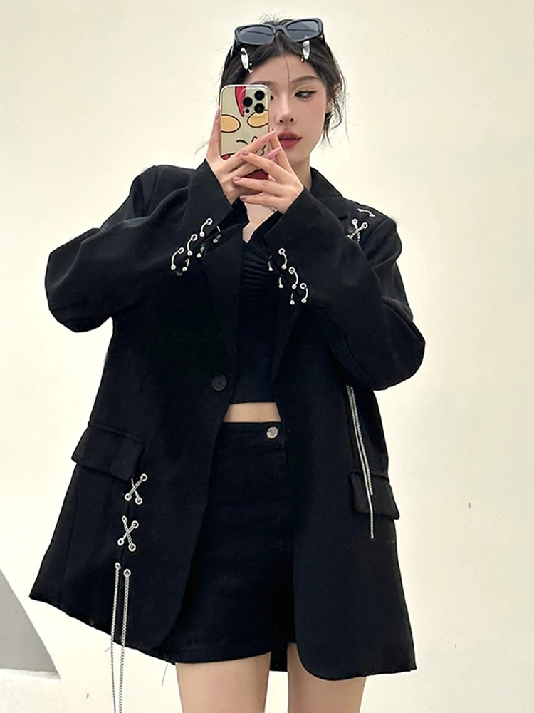 SONNEESD Streetwear Harajuku Style Fashion Neutral Personality Chain Design Coat Vintage Loose Black Stereo Cutting Suit Coat