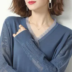 Fashion Solid Color Lace Spliced Knitted Shirt Women's Clothing Casual V-Neck Button 2023 Spring Autumn Hollow Out Loose Blouse