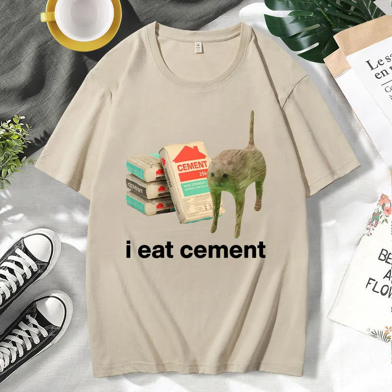 I Eat Cement Cursed Cat Funny Meme Graphic T Shirts Men Women Fashion Humor Short Sleeve High Quality Cotton T-shirt Tops