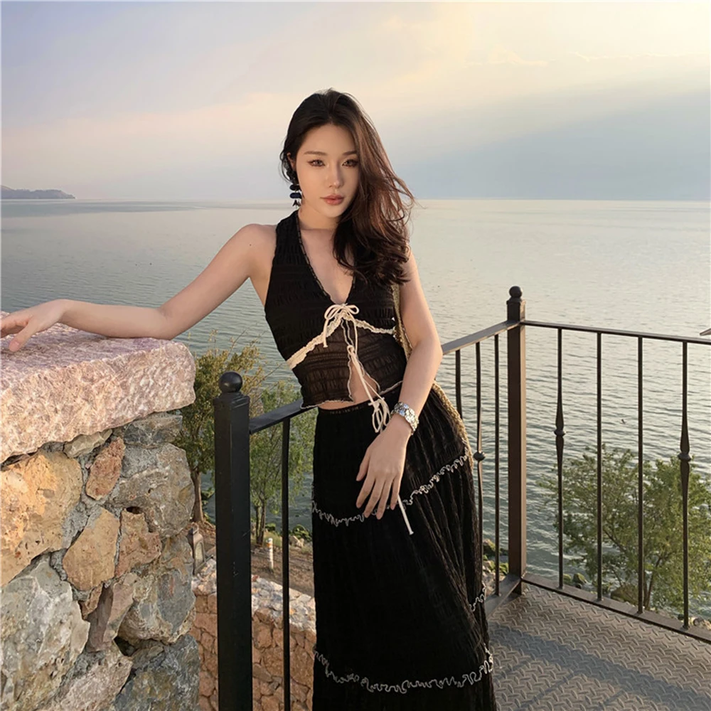 

Women's Summer 2Piece Set V-Neck Hanging Neck Backless Strap+Sexy Mesh Color Ruffles Lace Edge Holiday Beach Skirt Set