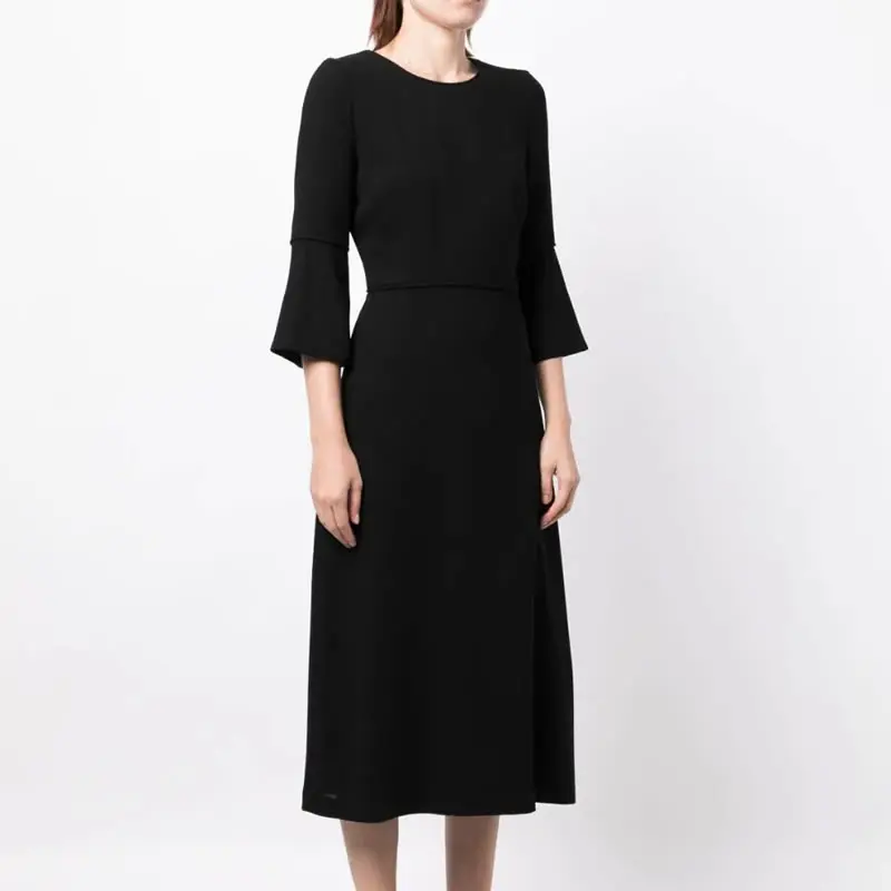 

Fashion Flare Sleeve OL Office Ladies Dresses Black Solid Women O-Neck Dress