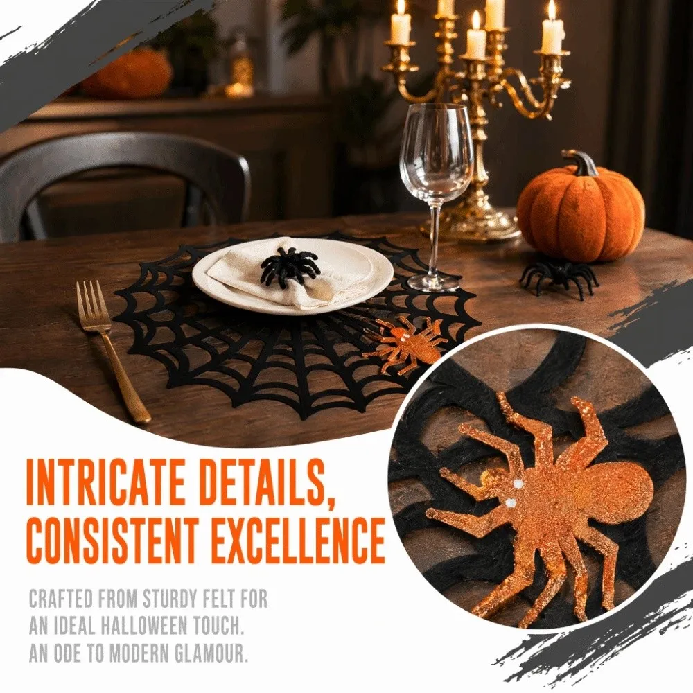 Non-slip Halloween Spider Web Placemat Waterproof Hollow Out Spider Web Coaster Soft Heat-Insulating Felt Cup Mat Dining Table