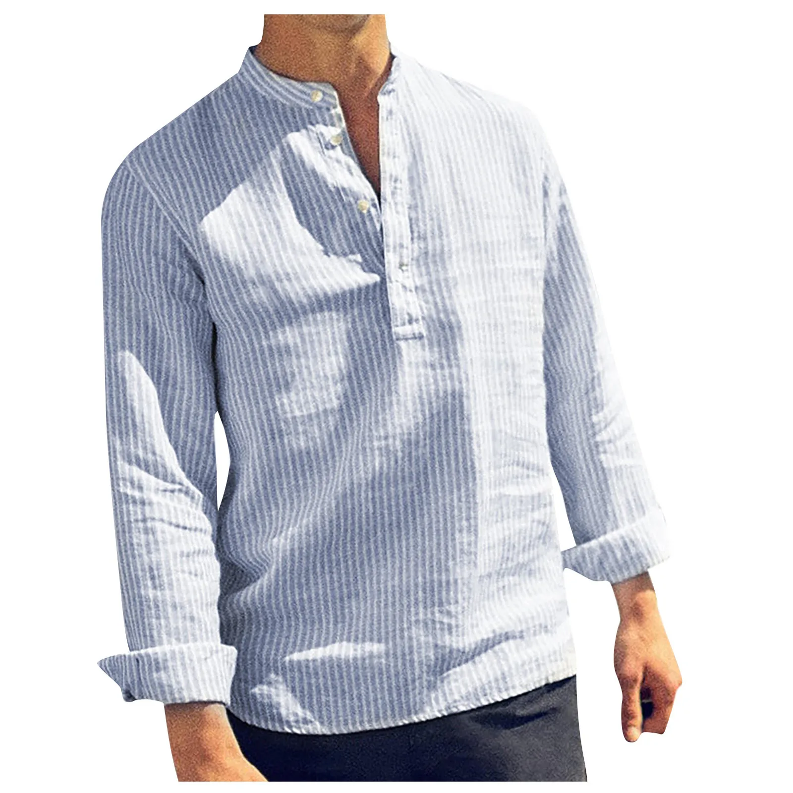 

Solid Striped Shirts Summer Thin Lightweight Cotton Linen Shirts Spring Casual Loose Button-Down Stand Collar Pullover Shirts