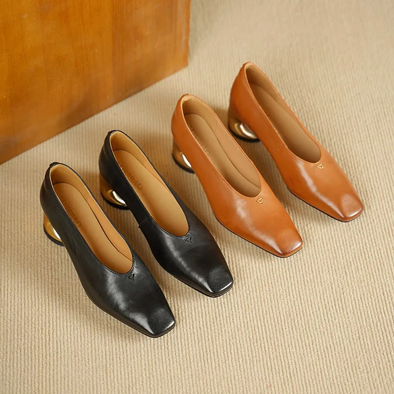 Dilalula 2025 Newest Genuine Leather Pumps Women Square Toe Shallow Med Strange Heels Office Ladies Dress Shoes Party Female