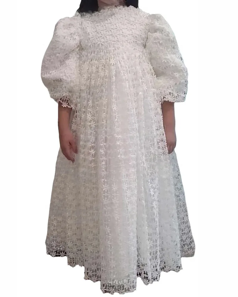 

Eyelet Lace Flower Girl Dress Children’s Balloon Sleeves First Communion Frock Customized High Waist Robe for Wedding Party