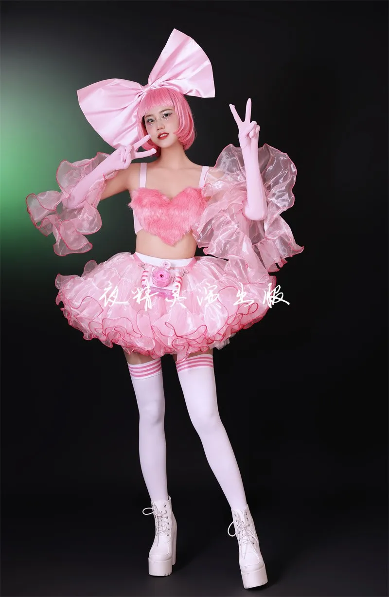 Nightclub Bar Female Gogo Dance Team Lovely Performance Costume Carnival Party Festival Clothes Sexy Pink Sweet Fluffy Skirt Set